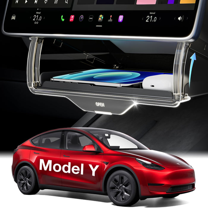 Tesla Model Y 2019-2025 Under Screen Storage Box - Hidden Center Console Tray with Anti-Slip Pad