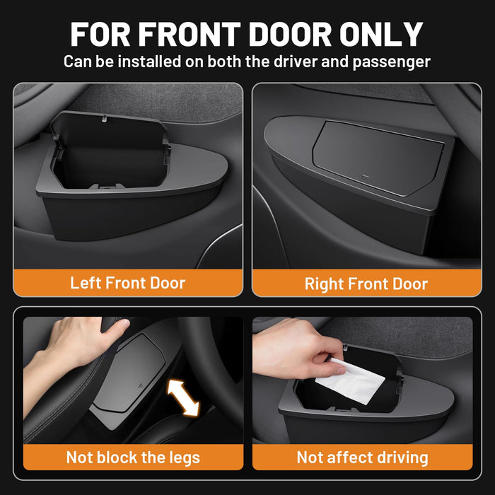 2PCS Front Door Trash Can for Tesla Model Y Juniper 2025-2026 | Side Door Storage Organizer with Push-to-Open Lid | ABS Garbage Bin Interior Accessory