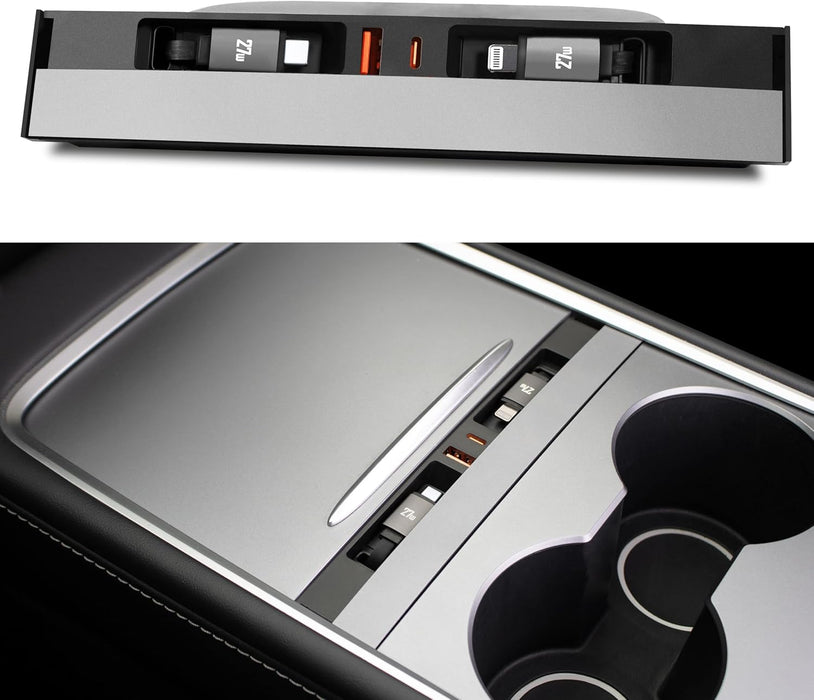 Retractable dual cable USB hub in Tesla Model 3 and Model Y center console