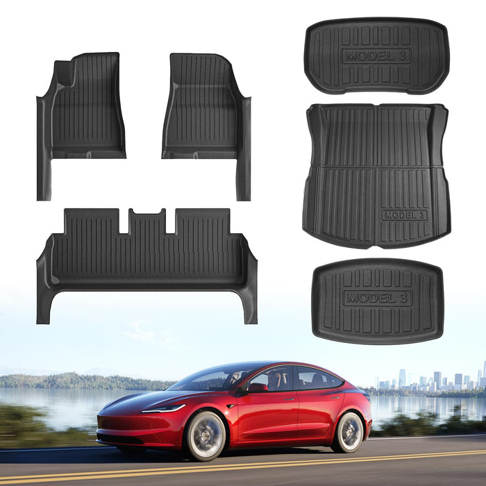 Tesla Model 3 Highland 2024 Floor Mat Set with Door Sill Protector - 6PCS Full Cover TPE Waterproof