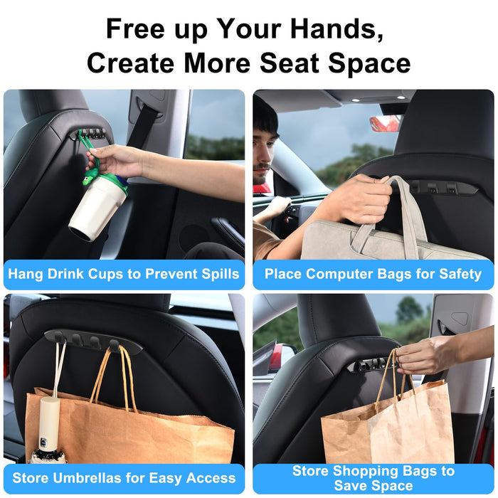 Tesla Model Y/3 Car Seat Hooks | Phone Mount | Grocery Hook - 2-Pack Purse & Bag Hangers, Back Seat Organizer (2021-2025)