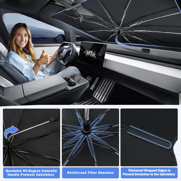 Tesla Cybertruck 2024-2025 Custom Fit Sunshade Umbrella - 100% Blackout, 6-Layer UV Front Window Protection