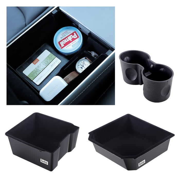 3-Piece Tesla Model 3 Highland 2024 Accessories - Console Organizer Tray, Silicone Cup Holder Insert, Flocked Material Upgrade