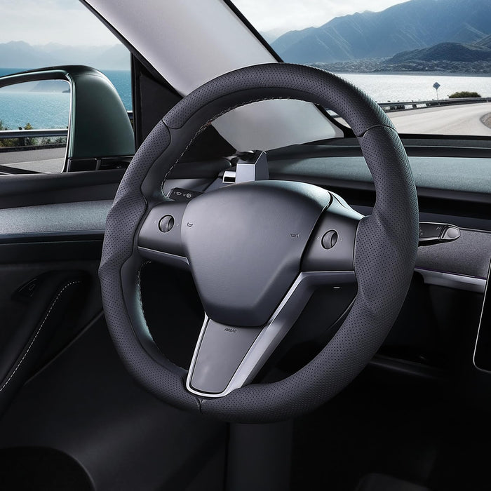 Steering Wheel Cover for Tesla Model 3 (2017-2023) | Model Y (2020-2024) | Black Non-Slip Leather Protector