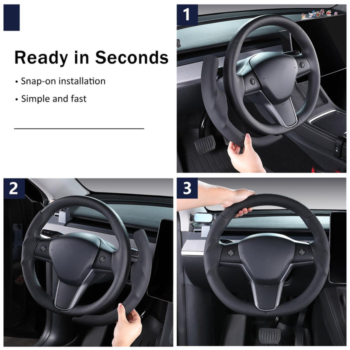Steering Wheel Cover for Tesla Model 3 (2017-2023) | Model Y (2020-2024) | Black Non-Slip Leather Protector