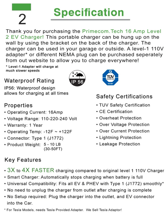 Primecom 24 Amp Level 2 EV Charger Amperage Adjustable: 10A - 16A - 24A