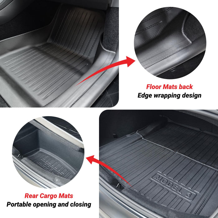 Tesla Model 3 Highland 2024 Floor Mat Set with Door Sill Protector - 6PCS Full Cover TPE Waterproof