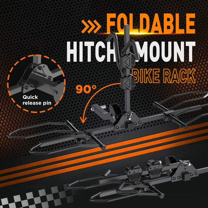 Hitch bike rack folds 90 degrees with quick release pin