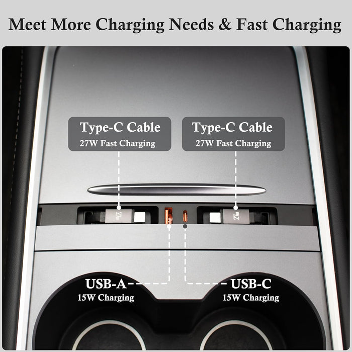 Retractable dual cable USB hub in Tesla Model 3 and Model Y center console