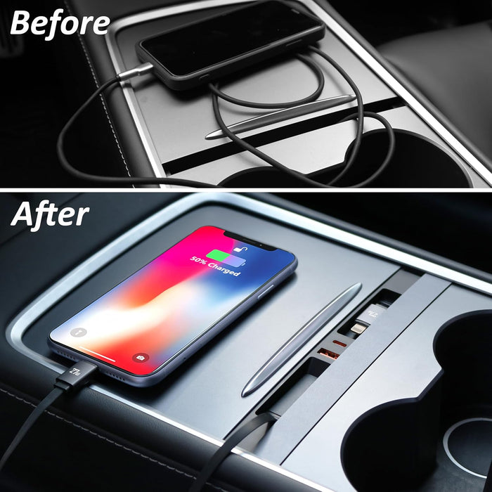 Retractable dual cable USB hub in Tesla Model 3 and Model Y center console