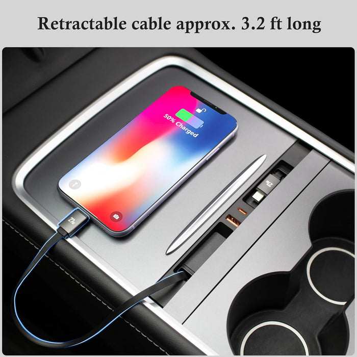 Retractable dual cable USB hub in Tesla Model 3 and Model Y center console