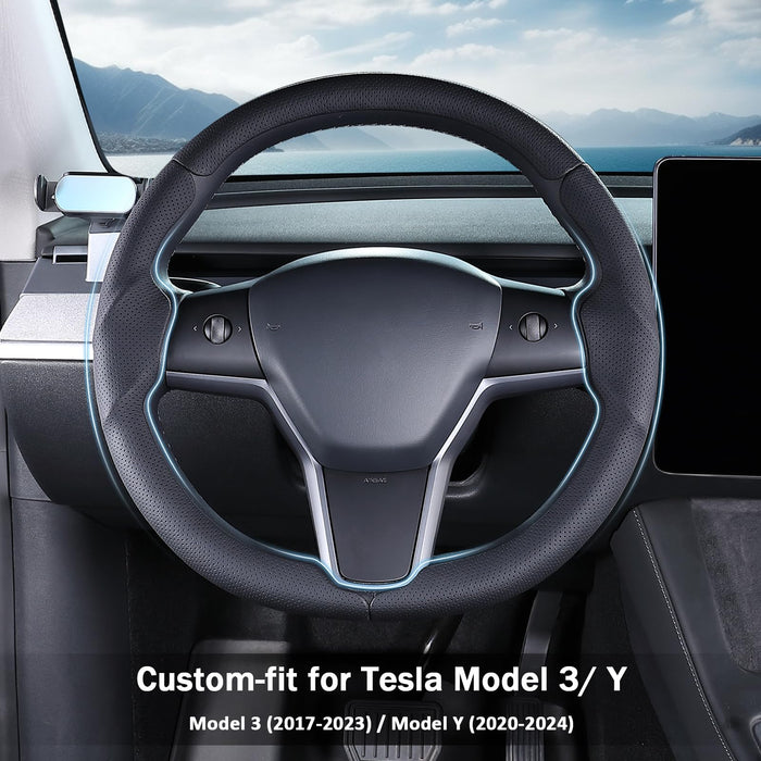 Steering Wheel Cover for Tesla Model 3 (2017-2023) | Model Y (2020-2024) | Black Non-Slip Leather Protector