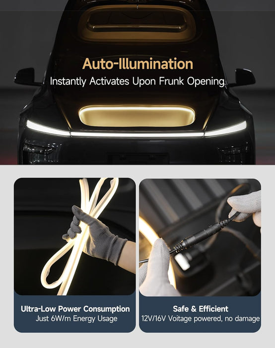 Car with auto-illumination feature, showing activation process and benefits.in a 2026 Tesla Model Y Juniper Frunk LED Light