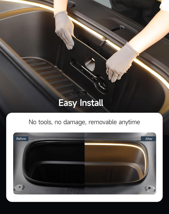 Person installing a car interior panel with text indicating easy installation and benefits in a 2026 Tesla Model Y Juniper Frunk LED Light