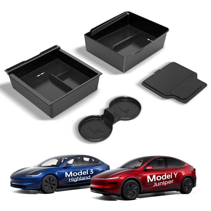 Center Console Organizer Set for Tesla Model Y Juniper 2025-2026 | Tesla Model 3 Highland 2024-2026 | Smooth Sliding Wear-Resistant Storage Tray Set | Easy-Clean Interior Accessory | 4PCS Black - EV Bandit