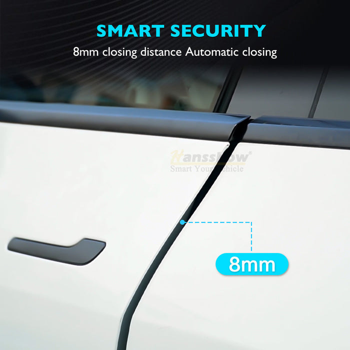 Smart security feature of an electric vehicle showcasing an 8mm closing distance for automatic closing of the door.
