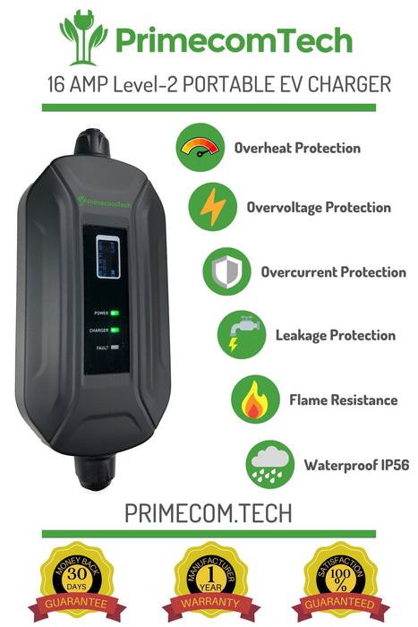 Primecom.Tech 16 Amp Level 2 Electric Vehicle (EV) Charger 3X to 4X faster 220 Volt 30', 40', 50' Feet Lengths