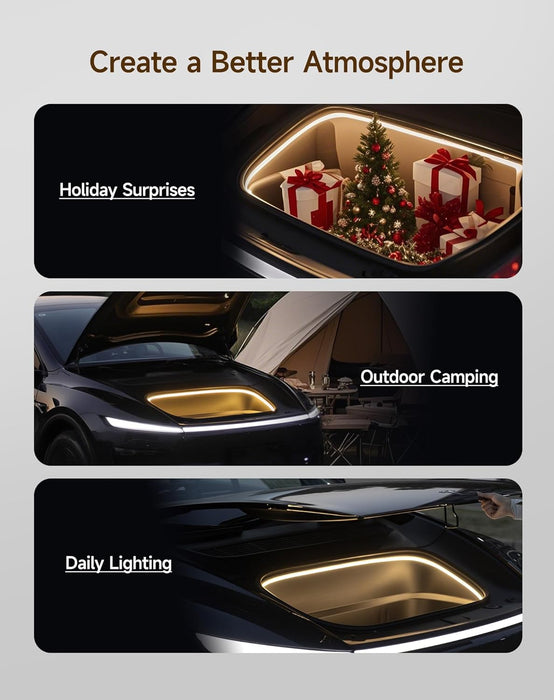 Lighting solutions for holiday surprises, outdoor camping, and daily lighting.in a 2026 Tesla Model Y Juniper Frunk LED Light