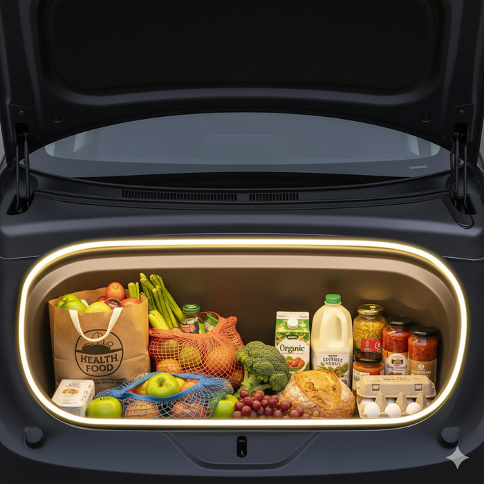 Trunk of a car with illuminated interior containing groceries in a Tesla model Y Juniper