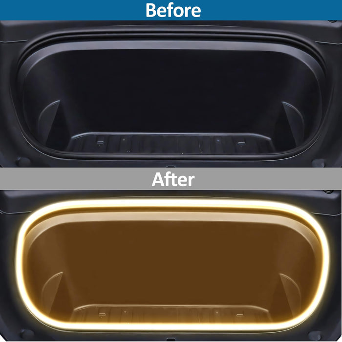Comparison of a black plastic container before and after treatment, with 'Before' on top and 'After' on the bottom in a 2026 Tesla Model Y Juniper Frunk LED Light