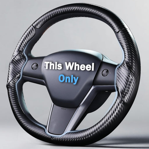 Carbon fiber steering wheel with 'This Wheel Only' text on a gray background