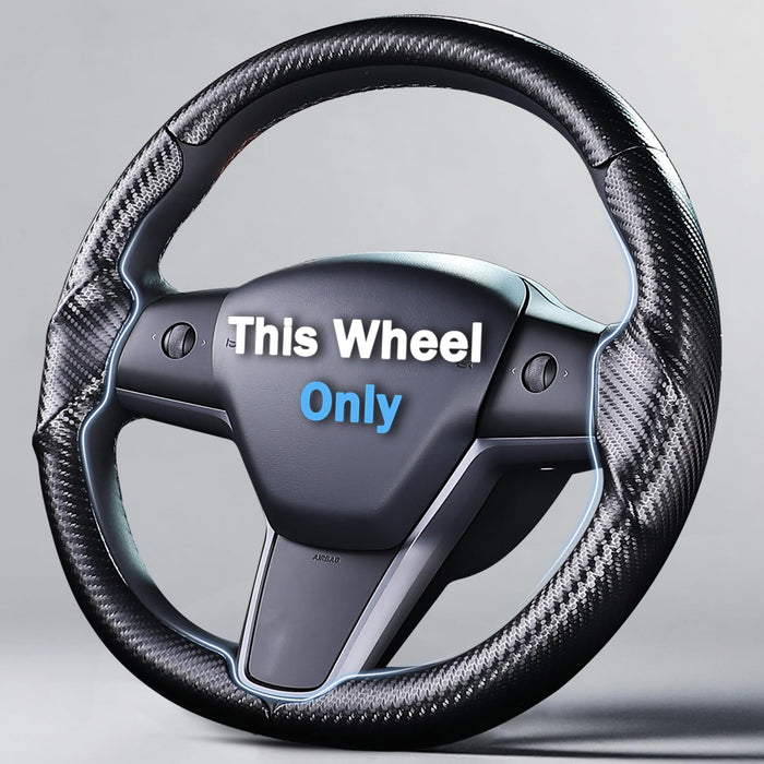 Carbon fiber steering wheel with 'This Wheel Only' text on a gray background