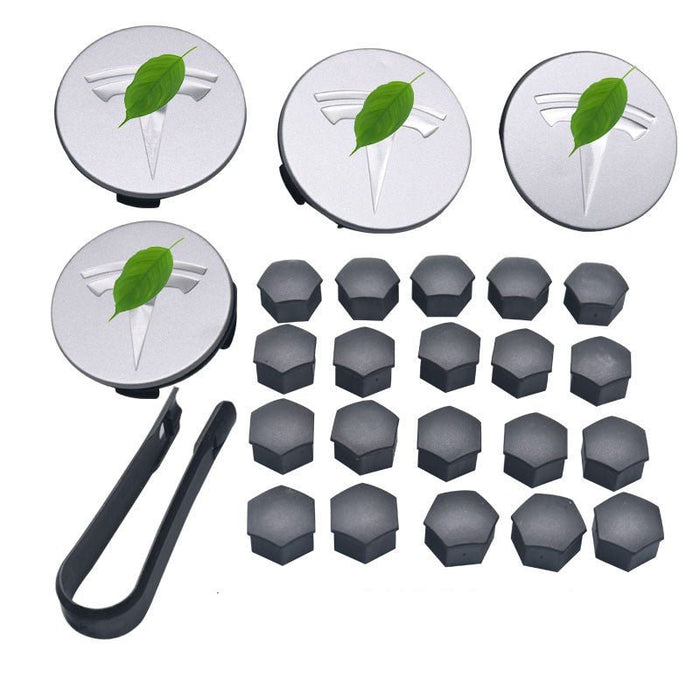 Wheel Center Cap Kit with Puller for Model 3/Y/S/X | 4 Hub Caps + 20 Lug Nut Covers