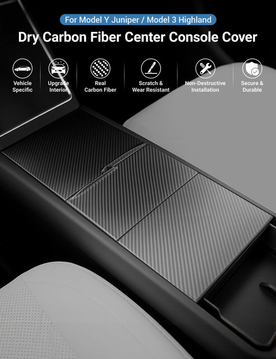 Dry Carbon Fiber Center Console Cover For Model Y Juniper / Model 3 Highland / Model YL