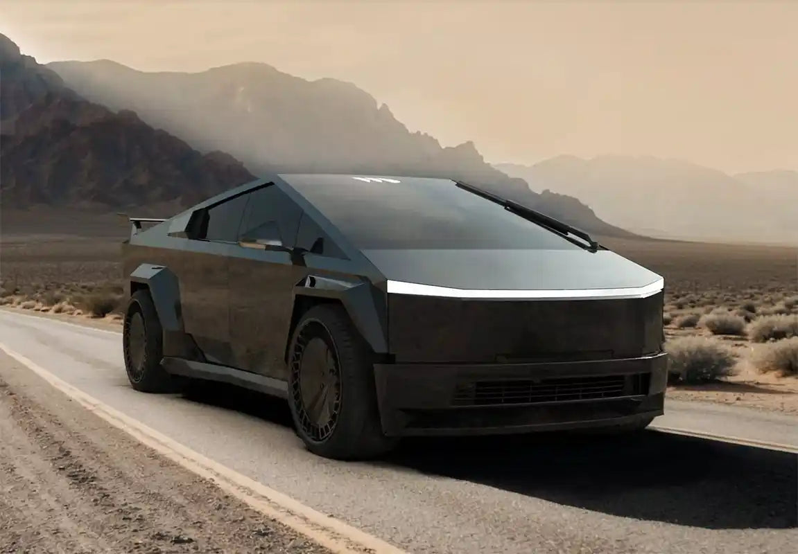 Front angle showcase of the Waido Cybertruck Aero Kit with aggressive styling, shown on a stainless steel Tesla Cybertruck at EV Bandit.