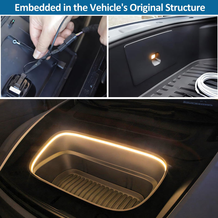 Collage of a car interior with LED strip lights being installed and illuminated.