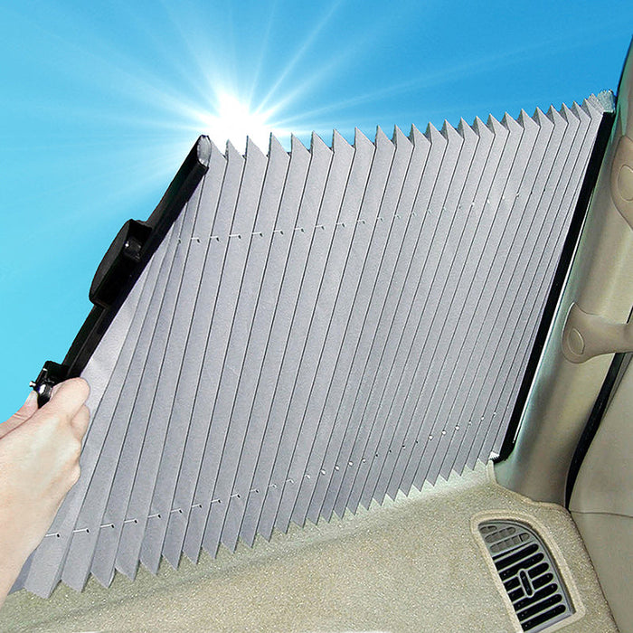 Manual retractable windshield sunshade being opened