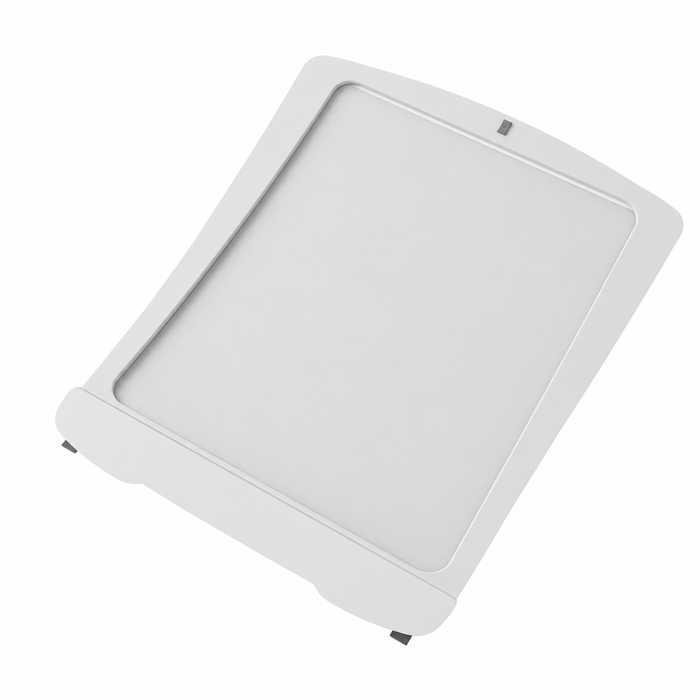 Gray motorized sunroof shade with fabric panel, button, and mounting brackets