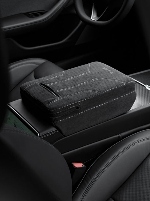 Suede Armrest Cover with Raised Pad & Tissue Box for Model Y Juniper & Model 3 Highland