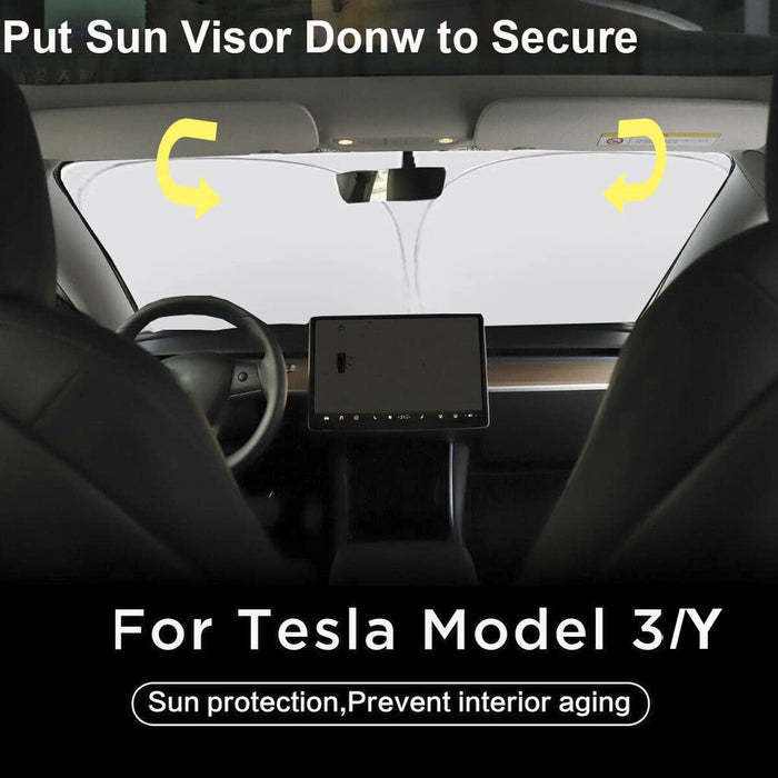 Windshield Sunshade 2-Way Use Blocks UV Rays Sun Visor (Eyes)  | Tesla Model 3 & Y 2018-2023
