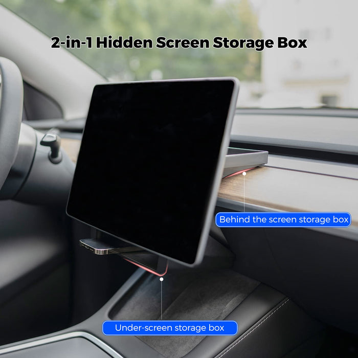 2-in-1 Behind Screen Tray and Under Screen Storage Box Magnetic Center Console Organizer | Tesla Model 3 Model Y 2020-2023
