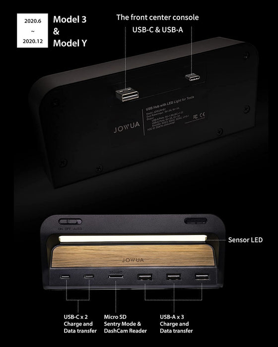 (2017-2020) JOWUA USB Hub with LED Light for Tesla Model 3 / Model Y DashCam Sentry Mode Reader Smart Sensor LED (USB-C +USB-A (Model Y/ 2020 Model 3), Brown / Wood)