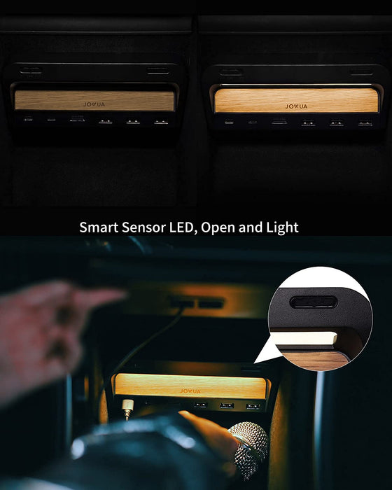 (2017-2020) JOWUA USB Hub with LED Light for Tesla Model 3 / Model Y DashCam Sentry Mode Reader Smart Sensor LED (USB-C +USB-A (Model Y/ 2020 Model 3), Brown / Wood)