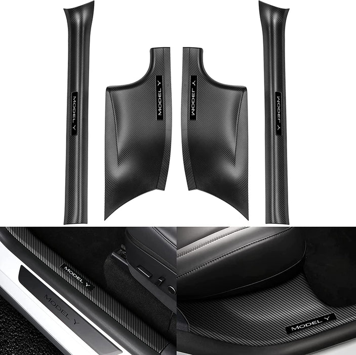 Tesla Model Y Carbon Fiber Door Sill Protector 5 Seater (NOT Fit 7 Seater) Front and Rear Door Kick Protection Strip Covers (4 Packs)