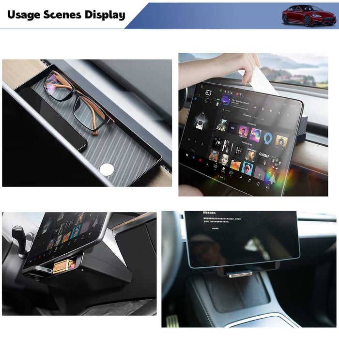 2-in-1 Behind Screen Tray and Under Screen Storage Box Magnetic Center Console Organizer | Tesla Model 3 Model Y 2020-2023