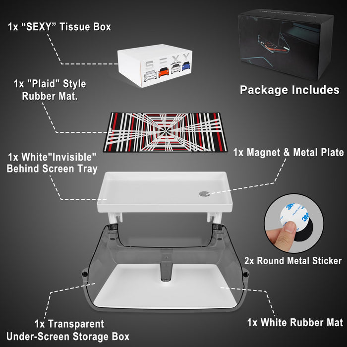 Magnetic Center Console Organizer Tray / Under Screen Storage Box Behind Screen / Tray Dashboard Organizer Tissue Holder | Tesla Model 3/Y (2017-2024)