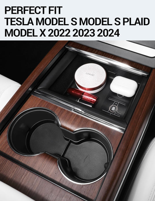Center Console Storage Organizer Box Tray Pad TPE Cup Holder Insert (2pcs) | Tesla Model S Model S Plaid Model X Model X Plaid