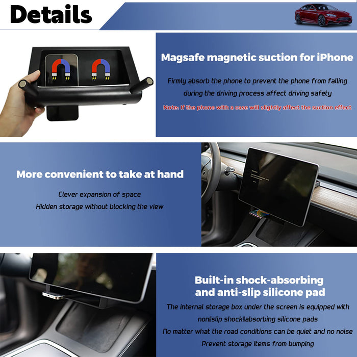 2-in-1 Behind Screen Tray and Under Screen Storage Box Magnetic Center  Console Organizer, Tesla Model 3 Model Y 2020-2023